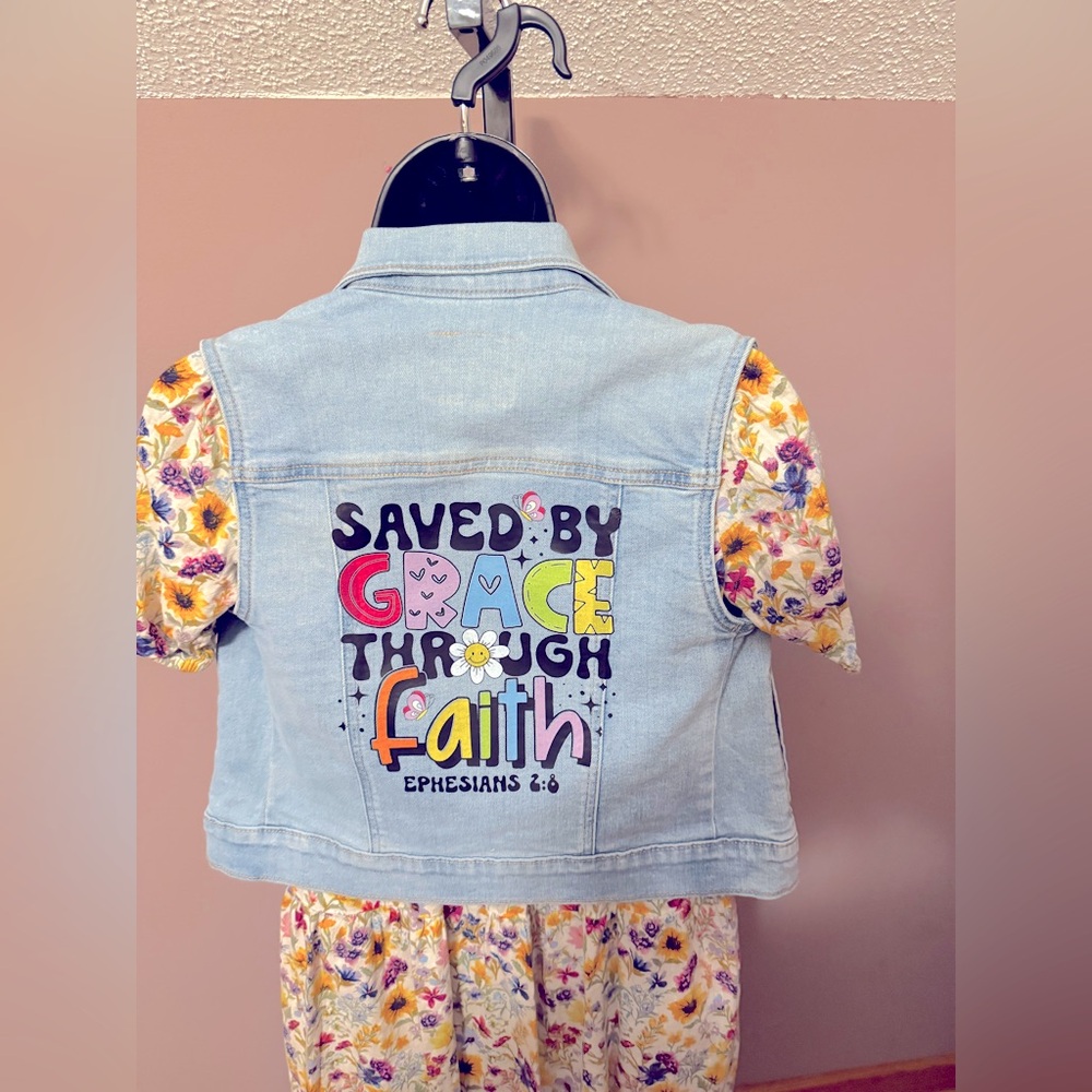 Girls size 10/12 custom Jean vest, Saved by Grace